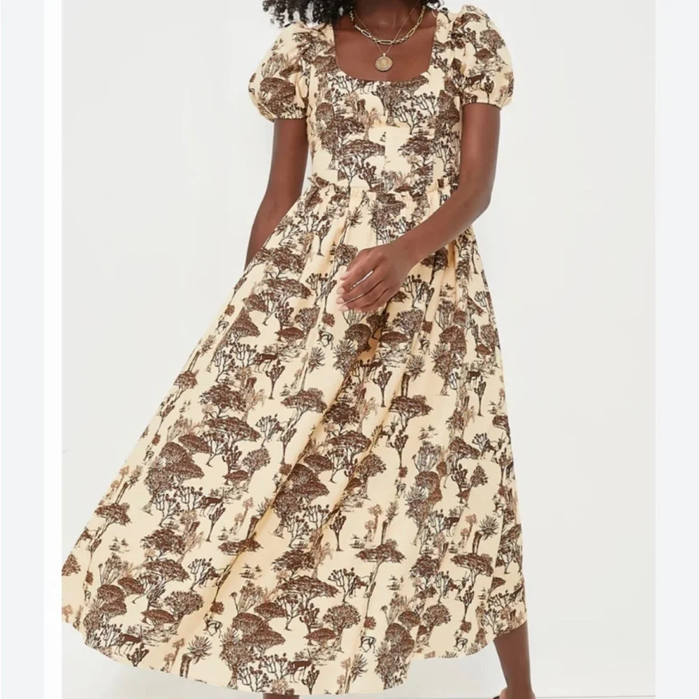 Tuckernuck Hyacinth House Brown Toile Camilla Corset Midi Dress Puff Sleeve Sz S - Picture 3 of 14
